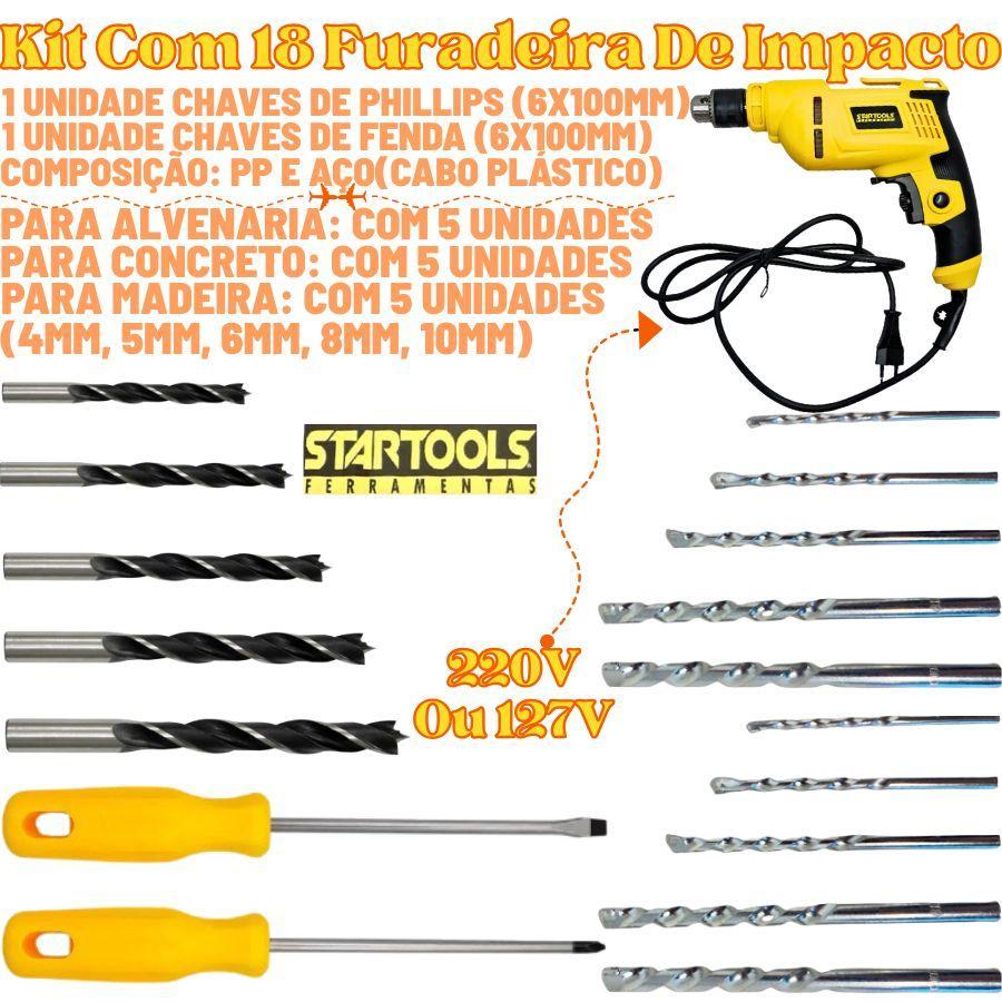Kit Com 18 Furadeira De Impacto 127V Ou 220V Com Brocas De Concreto Madeira Alvenaria E Chaves Fenda