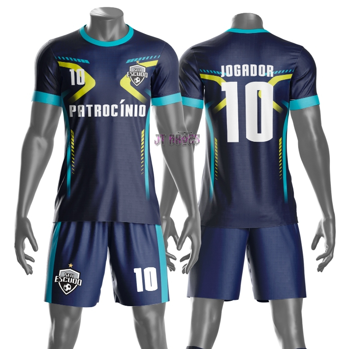 Uniforme jogador futebol amador esportivo camiseta e calção personalizavél nome número escudo mo 159