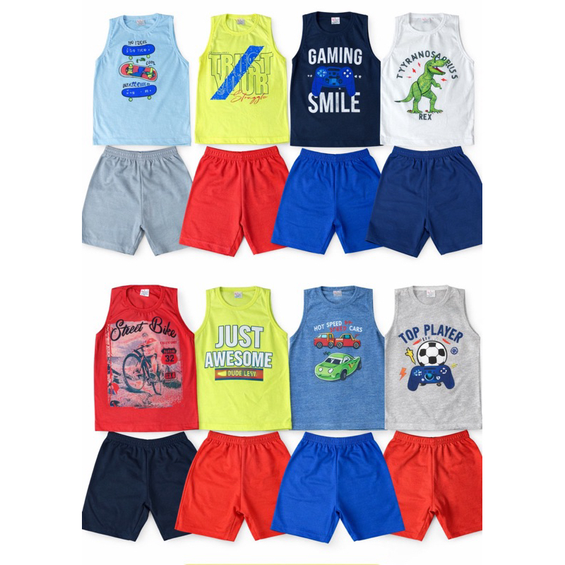 Roupas de Menino Kit 10 Peças 5 Regatas e 5 Bermudas Regata Estampada Conjunto Infantil Menino Bermuda Tamanho 1 á14
