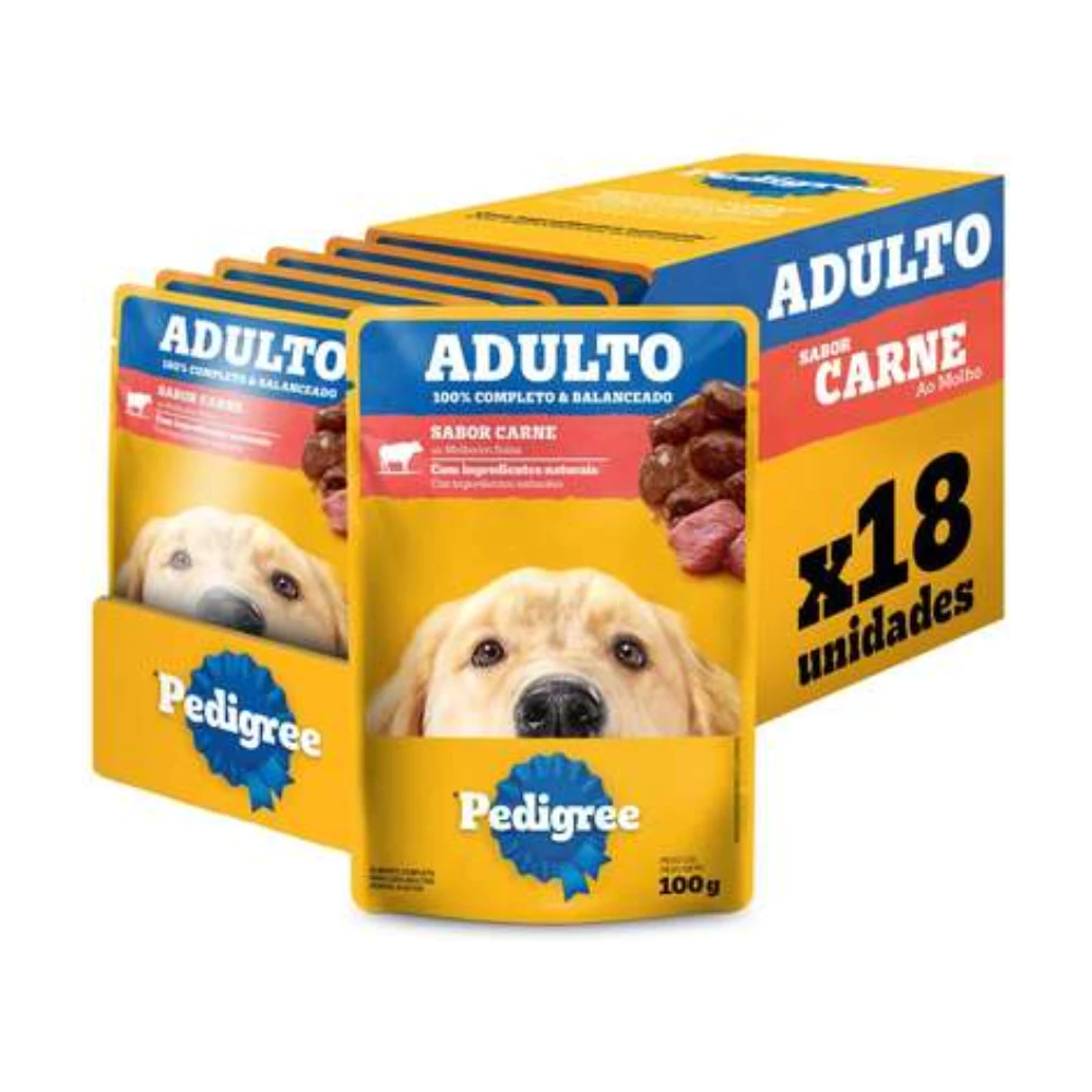 Ração Úmida Pedigree Sachê Carne ao Molho para Cães Adultos 100g - 18 Unid.