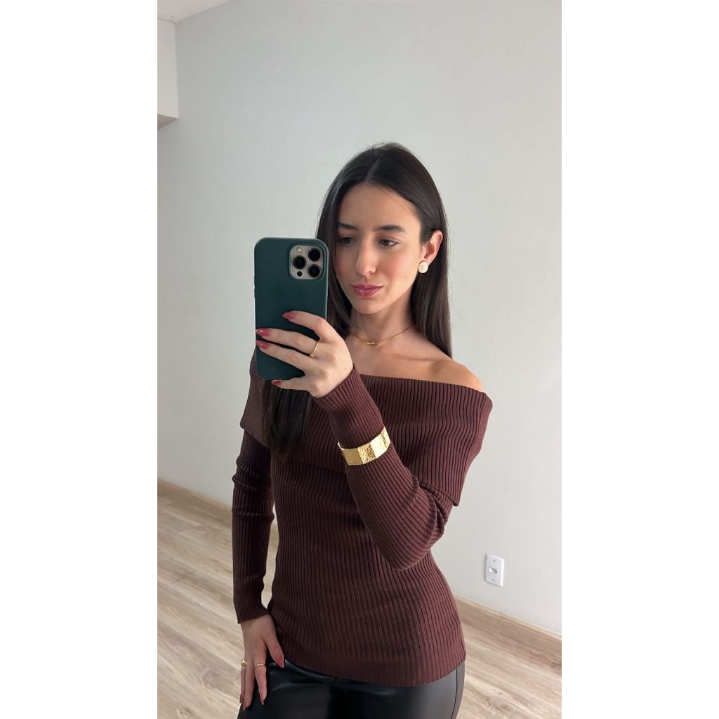 Blusa Ombro a Ombro Canelada Tricot Modal Inverno