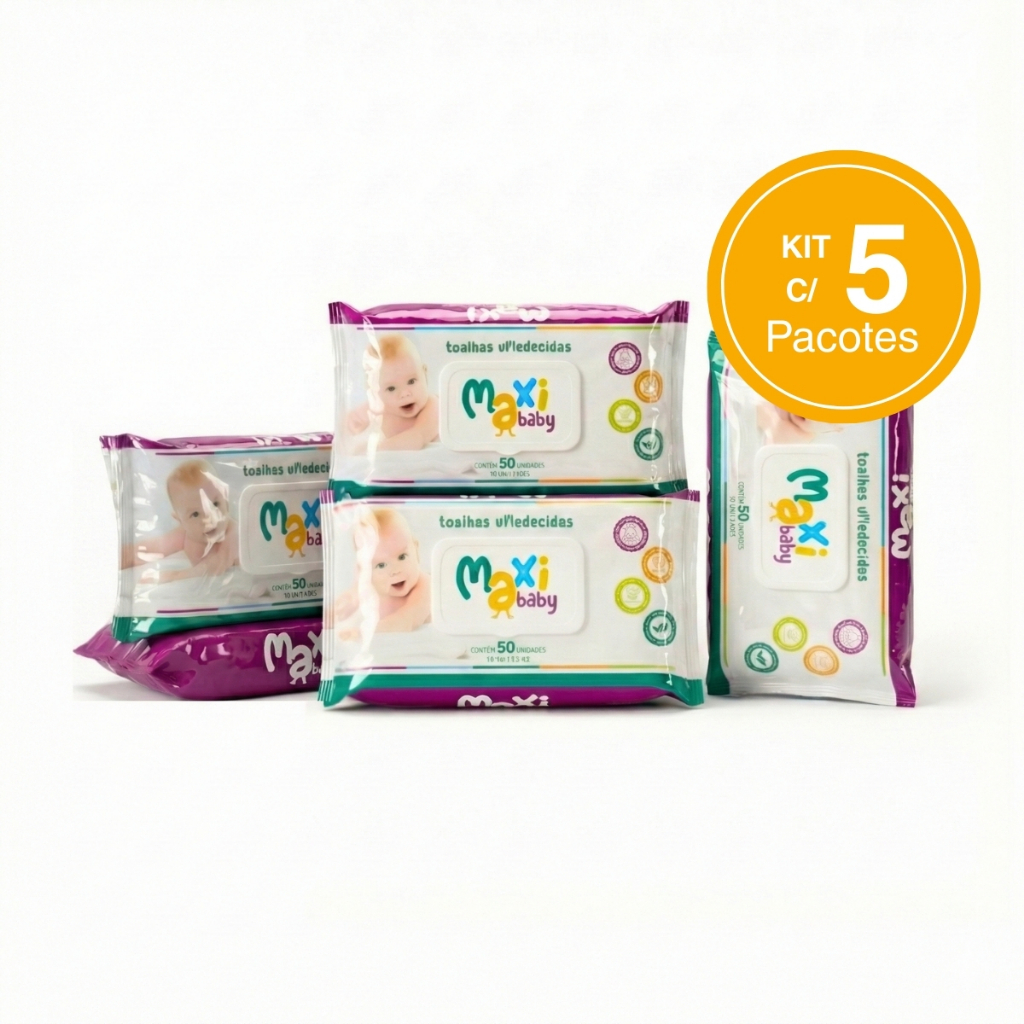 Kit com 5 Toalhas Lenços Umedecidos Hipoalergênico 50un Cada Maxi Baby