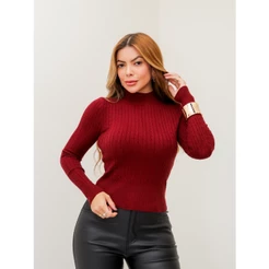 Blusa Suéter Feminina Tricot Gola Alta Manga Longa Trançada Modal Inverno 3RD SD2005