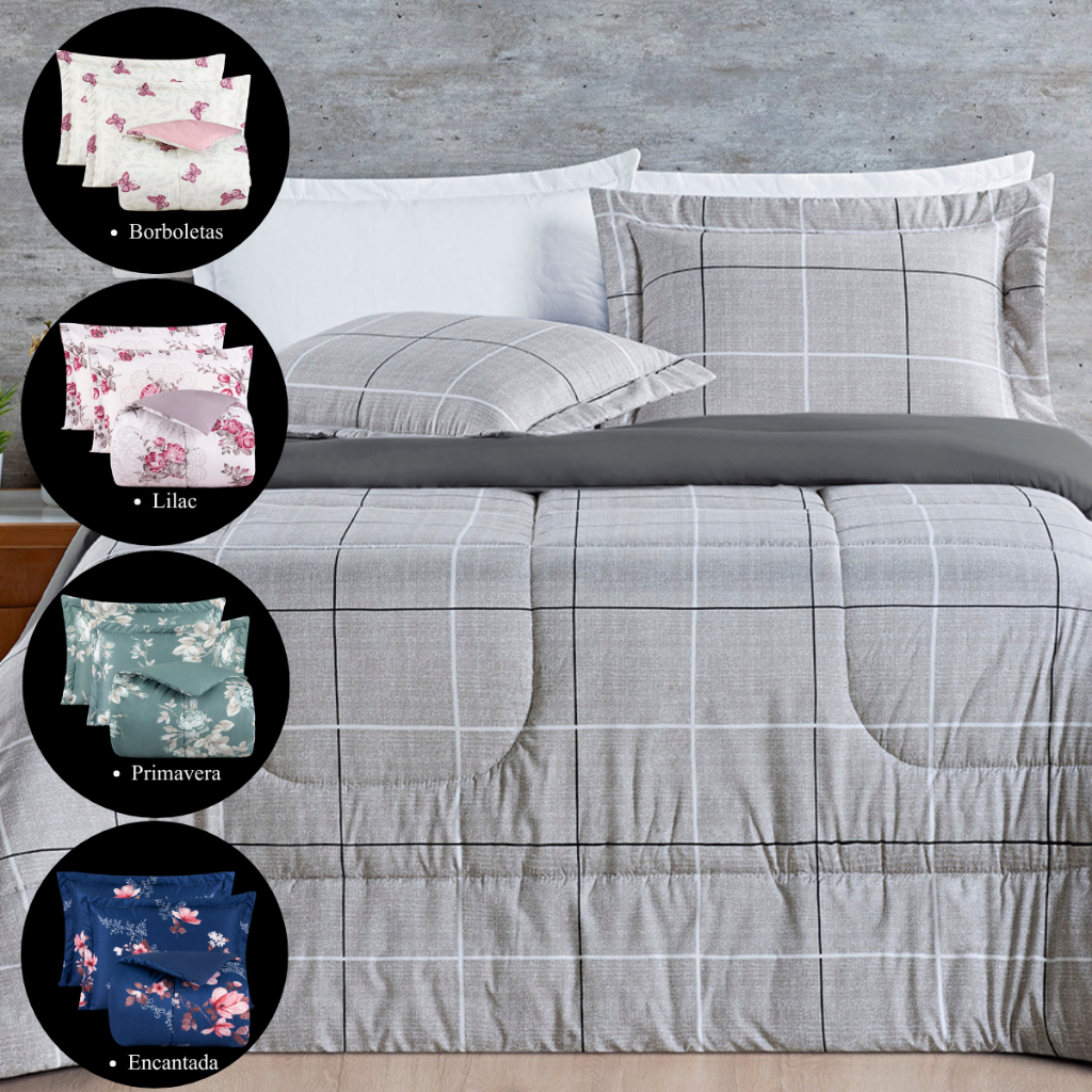 Kit Edredom Queen King Super King 3 Peças Dupla Face com Porta Travesseiros 200 Fios Estampado Aura