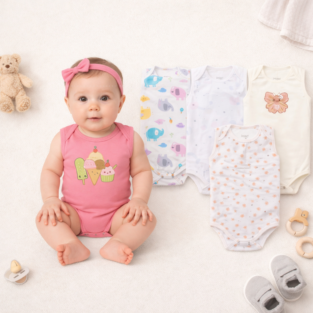 Kit 4 Peças Body Bebê Menina Regata Estampados Divertidos – Conforto e Estilo para o Dia a Dia em Oferta na Shopee