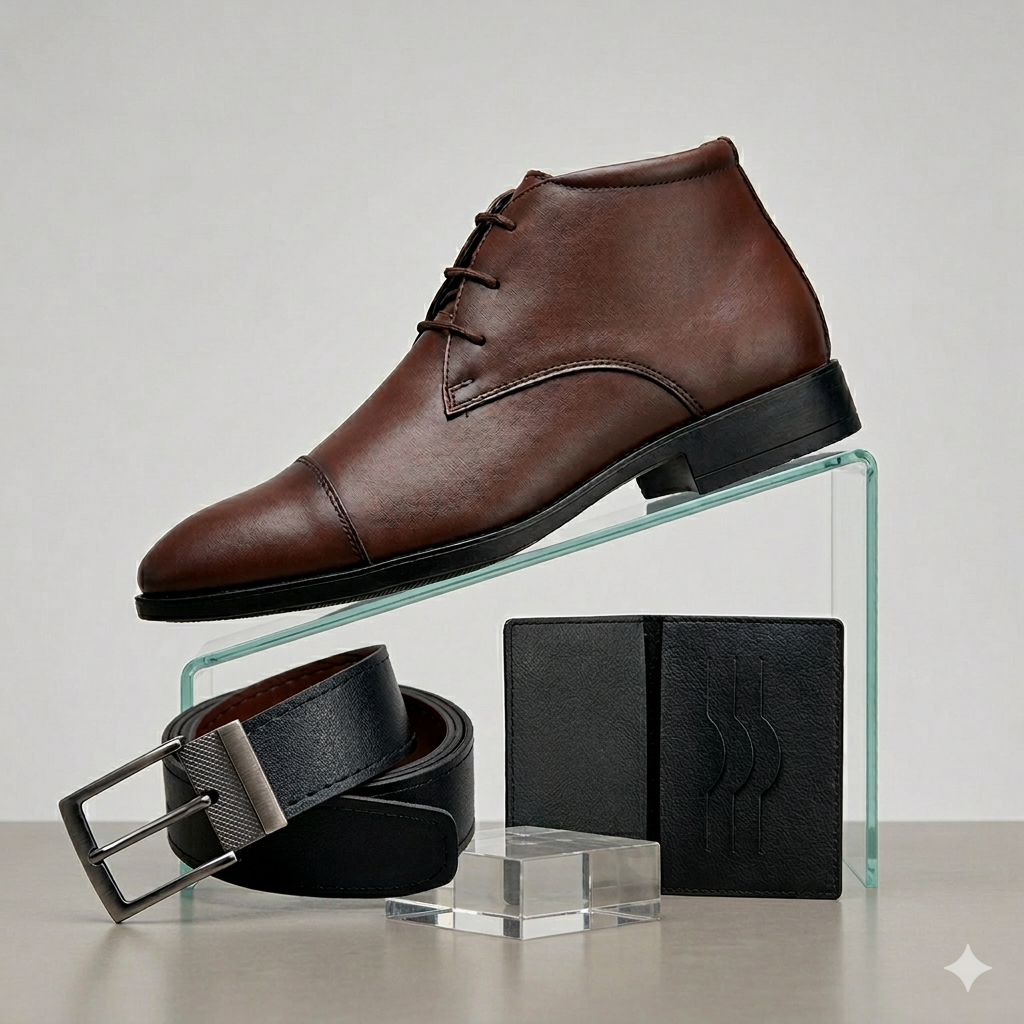 Kit Bota Masculina Casual Confortavel Cinto Carteira Couro Coturno Cano Médio Chelsea Chukka Pai