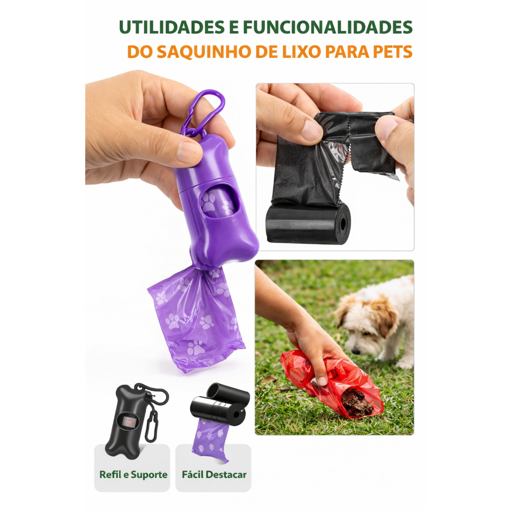 Kit Cata Caca Pet com Suporte para Coleira + 2 Rolos Saquinhos Fácil Destaque Cores Sortidas