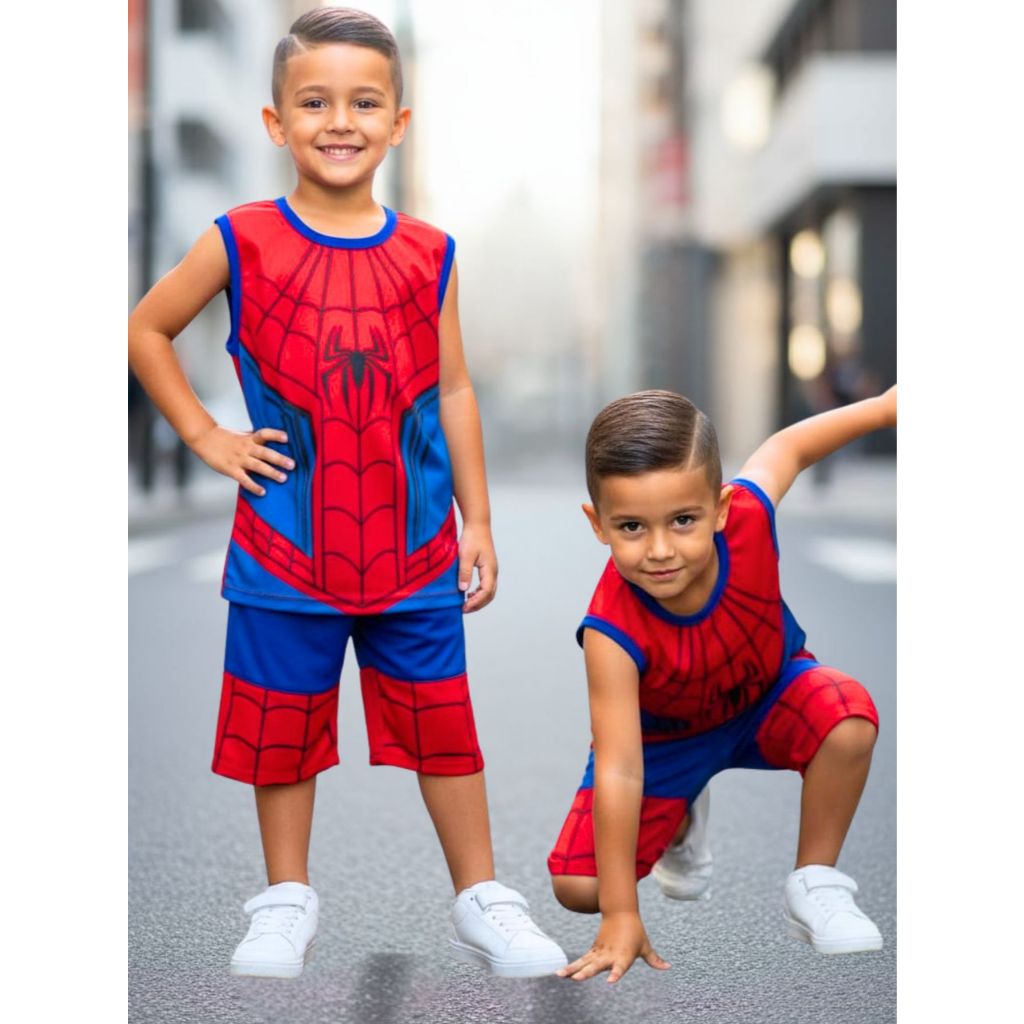 Conjunto Infantil Homem Aranha Menino Fantasia Herói Roupa Verão Criança Camiseta Regata Bermuda