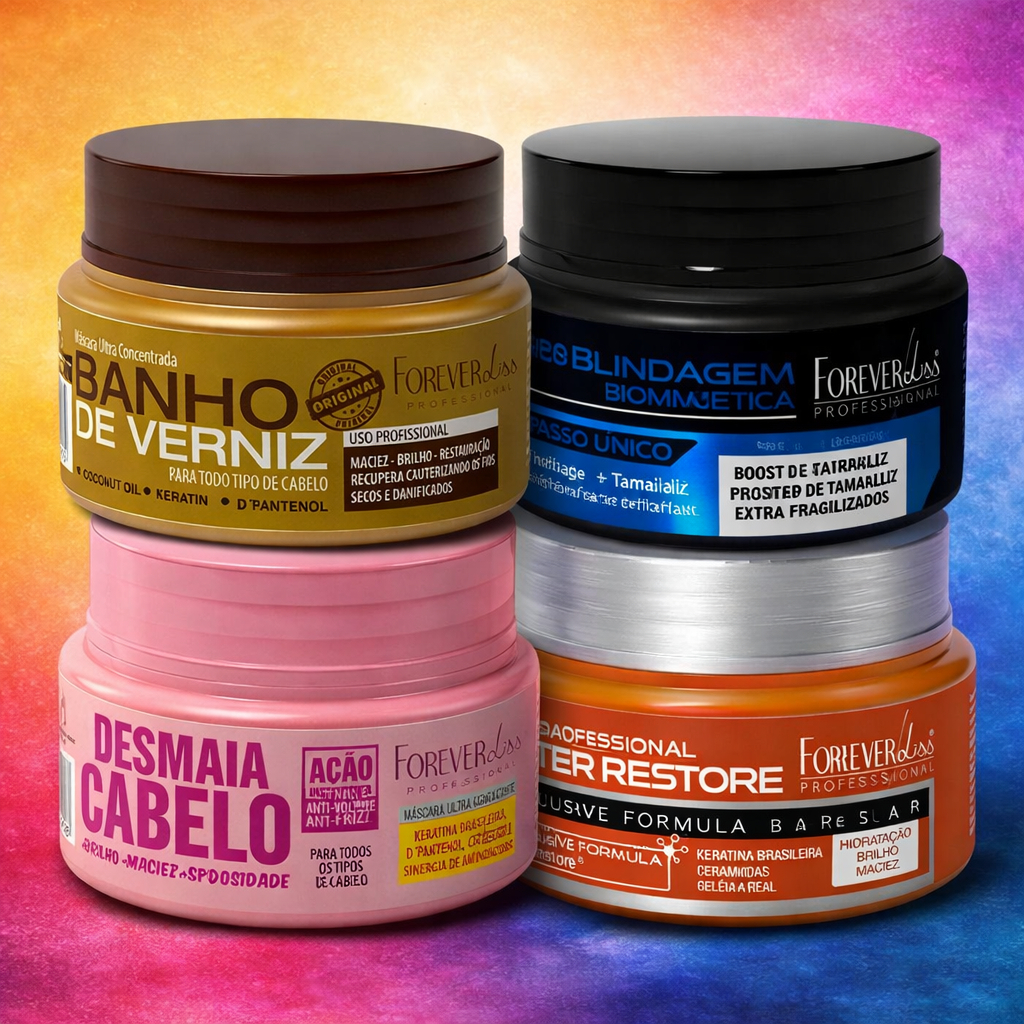 Forever Liss Kit 4 Mini Máscaras Capilares 40g Banho de Verniz Blindagem Cauter Desmaia Cabelo