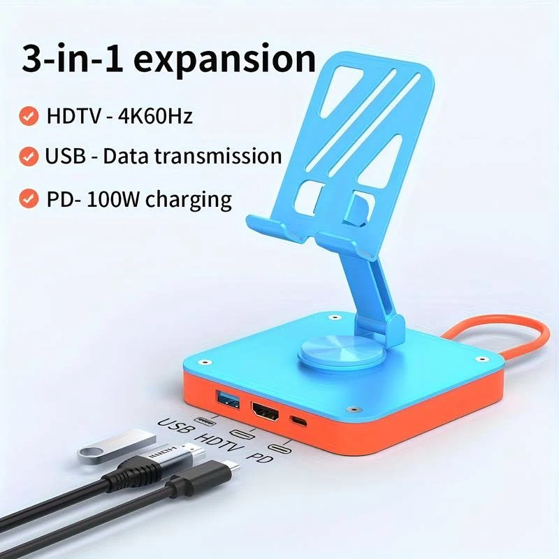 Suporte Dock Station 3 em 1 MTG-400  Hub USB + HDMI 4K + USB-C PD 100W Rotação 360°