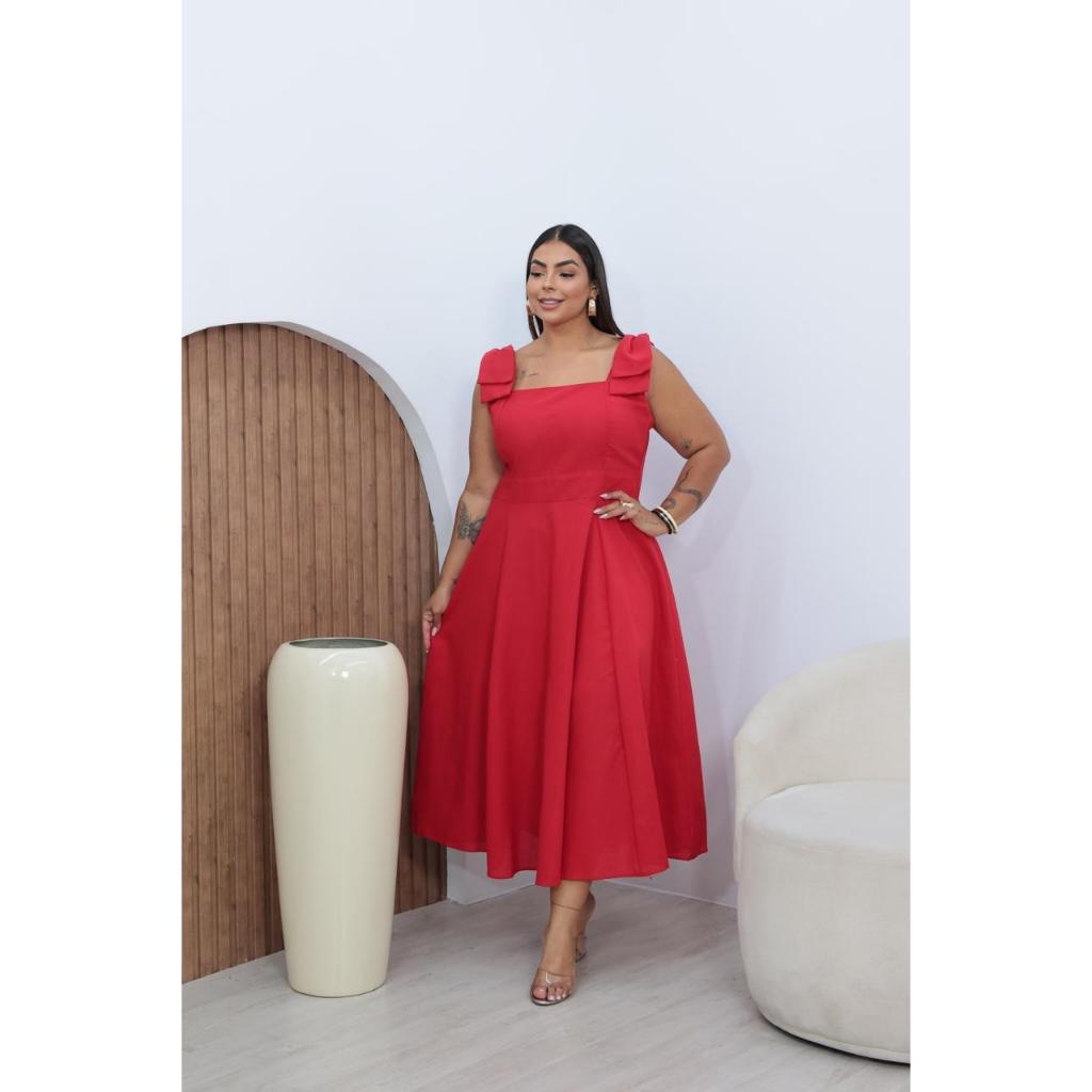 Vestido Midi Laço Feminino Godê Tecido Linho — imagem 2 de 2