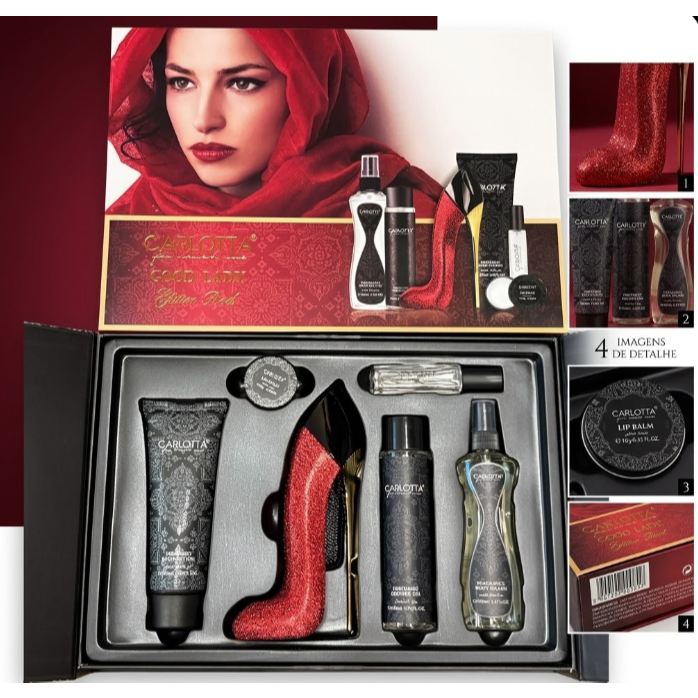 Kit Perfume Carlota Feminino Good Lady Sapatinho  Glitter Red 6 Peças Perfume Salto Alto Body Splash Hidratante Presente