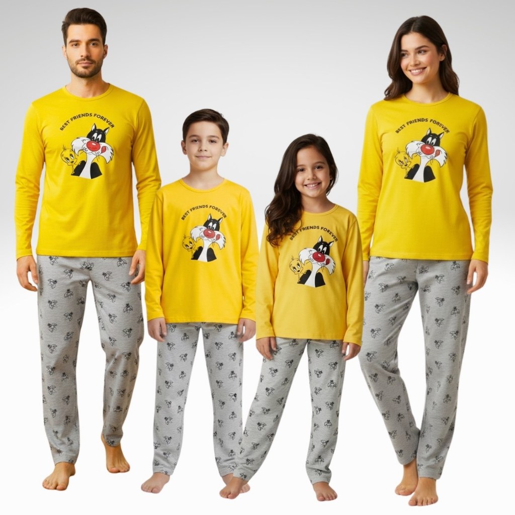Kit Pijamas de Frio Combinado Família Tal Mãe Tal Pai Tal Filhos manga Longa e Calça Personagens Frajola e Piu Piu Malha
