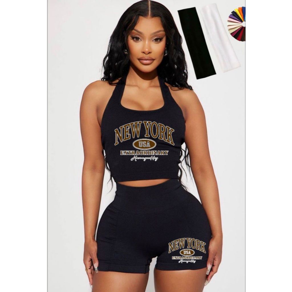 Kit Conjunto Fitness + faixa esportiva estampada combinando  para Academia Top e Short Super Confortável com Compressão