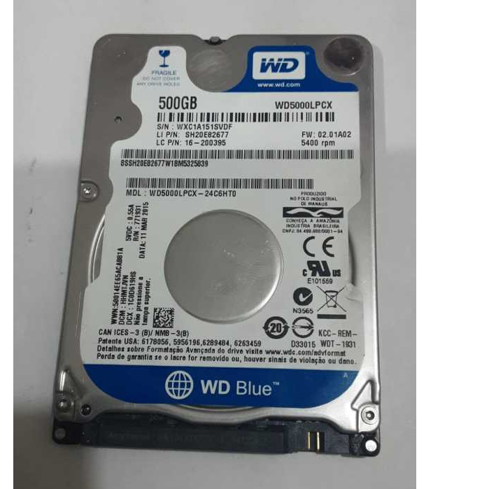 HD Western Digital WD Blue 500GB 5400RPM SATA 7mm - Modelo Fino para Notebook - WD5000LPX5 (Seminovo)