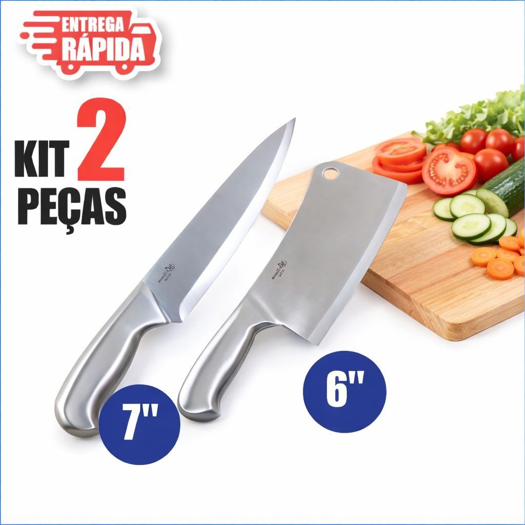 Imagem Kit 2/1 - Facas Cutelo 6'' e 1 Faca peixeira 6" Inox Maciço Profissional Lâmina Corte de Precisão Churrasco