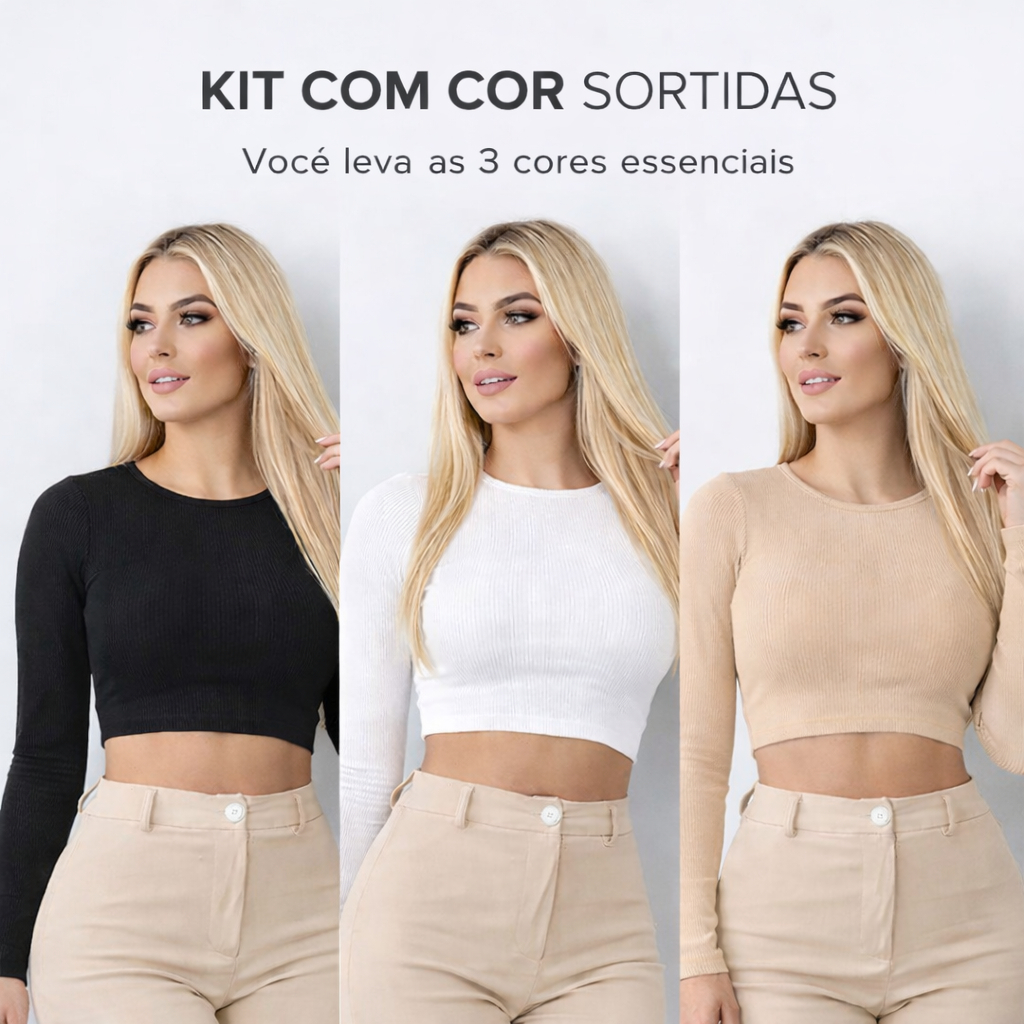 KitS Cropped Feminino Manga Longa Canelado de Ribana Blusa Feminina Básica Moda Blogueira