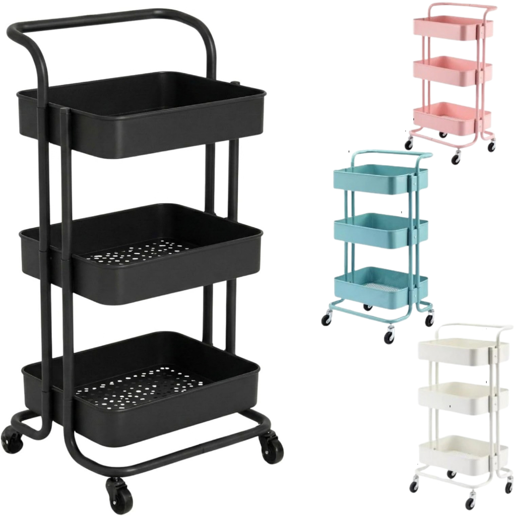 Carrinho Organizador Preto Rosa Branco Verde Rodinha Prateleiras Manicure Auxiliar Carbono em Oferta na Shopee