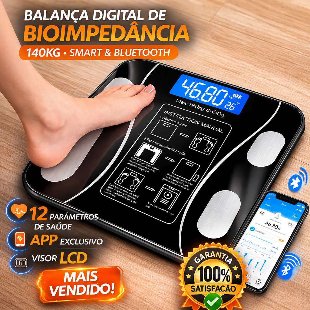 Balança Digital Bioimpedancia Bluetooth Alta Precisao Atleta Fitness 140kg Preta