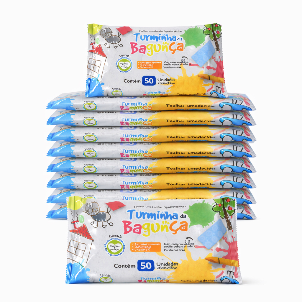 Kit 10 Toalhas Umedecidas 50 folhas - 98% Água Turminha Da Bagunça