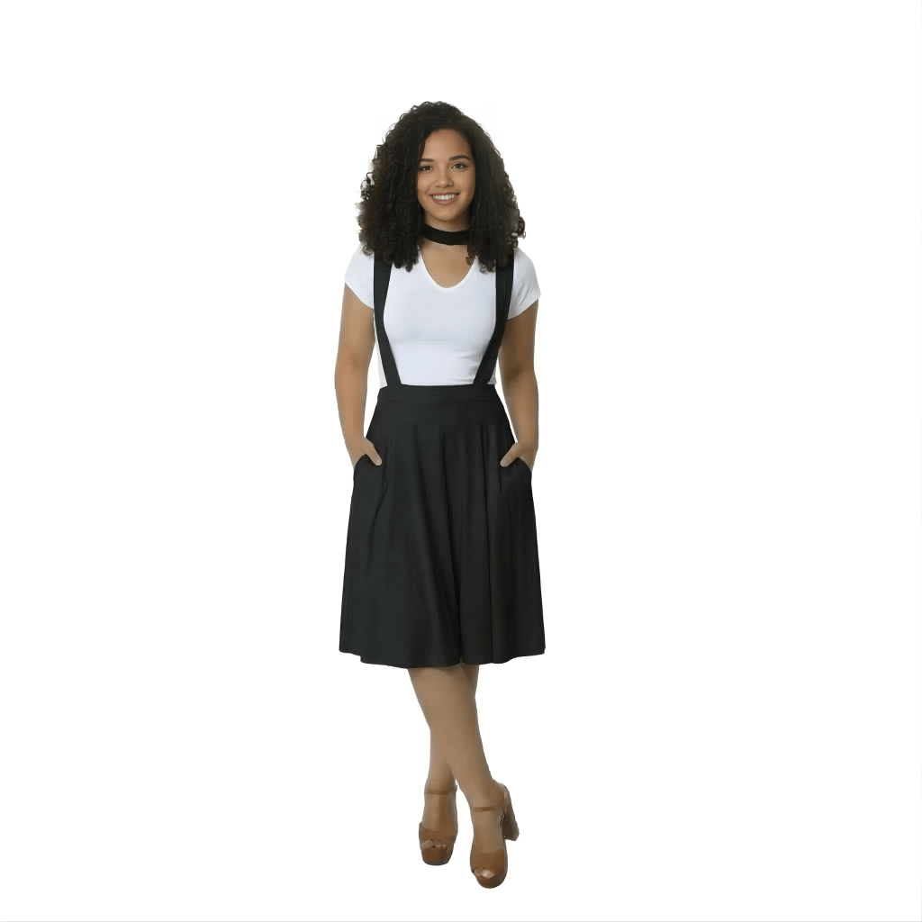Jardineira Salopete Feminina Saia Midi Evangélica Alethos Moda Cristã PP ao GG