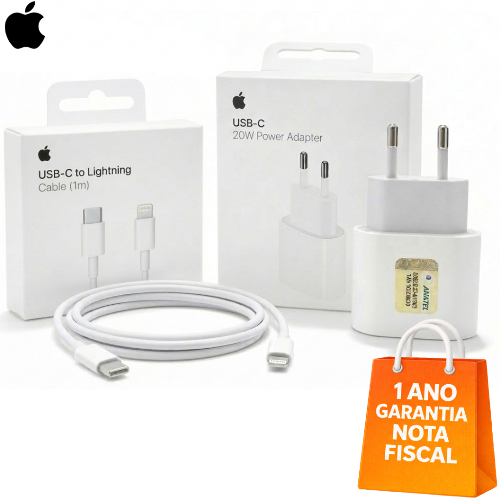 Kit Fonte Original Apple 20W + Cabo USB-C para Lightning – Compatível com iPhone até 14, iPad – Lacrado