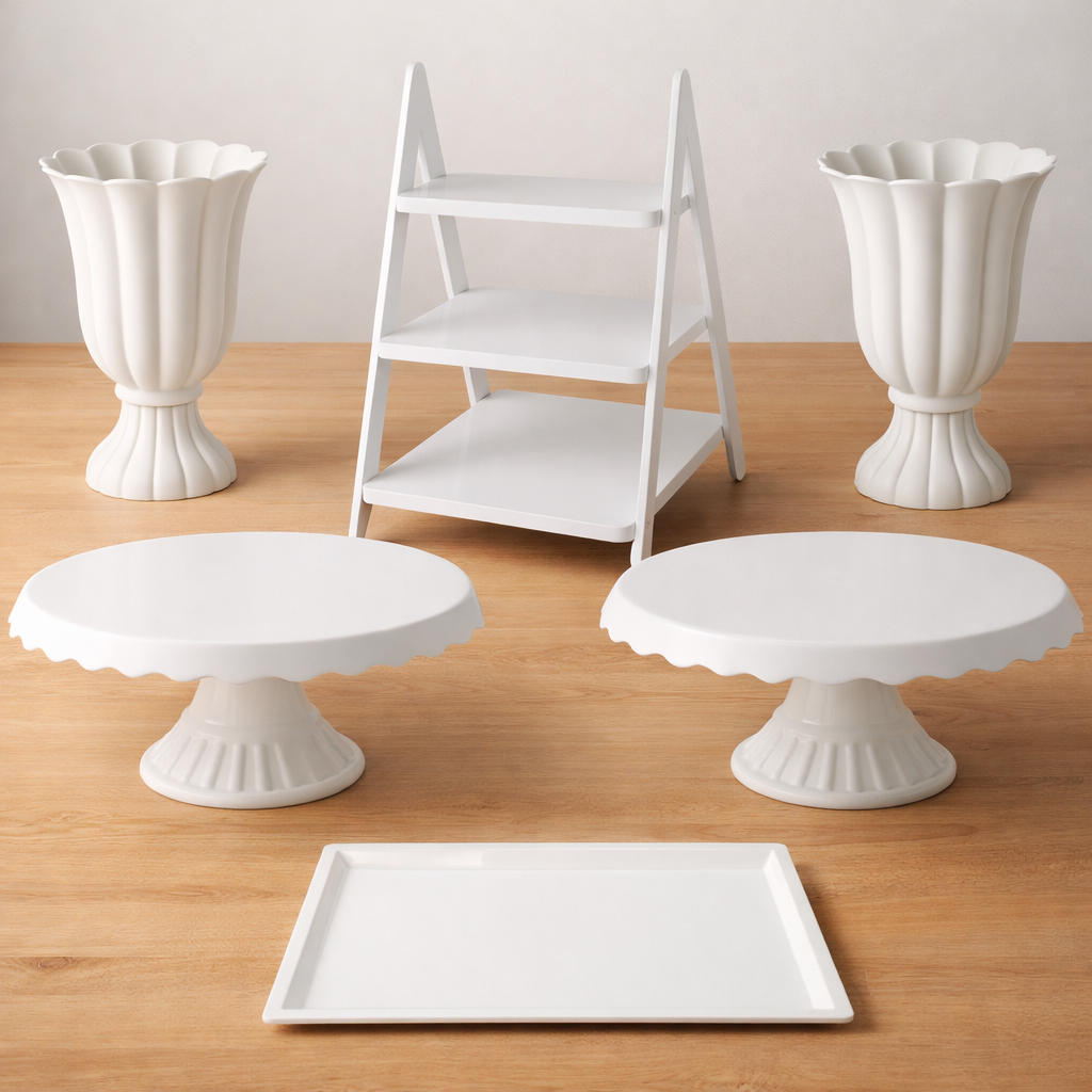 Kit Decoração Festa 6 Peças: 2 Vasos + 2 Boleiras 22cm + 1 Bandeja + 1 Escadinha Doces Aniversário em Oferta na Shopee