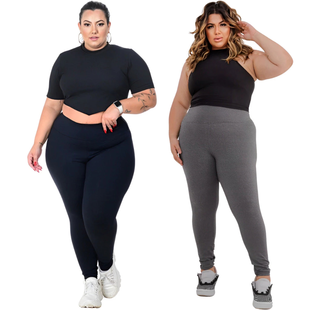 Kit 2 Calças Legging Plus Size Suplex Fitness Grossa Zero Transparência Costura Reforçada Cintura Alta