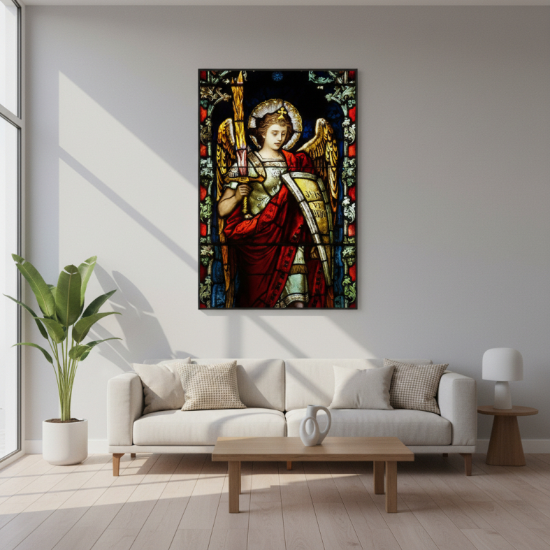 Quadro Decorativo Religioso Vitral Imagem São Miguel Arcanjo Anjo Guardador Canvas 60x40