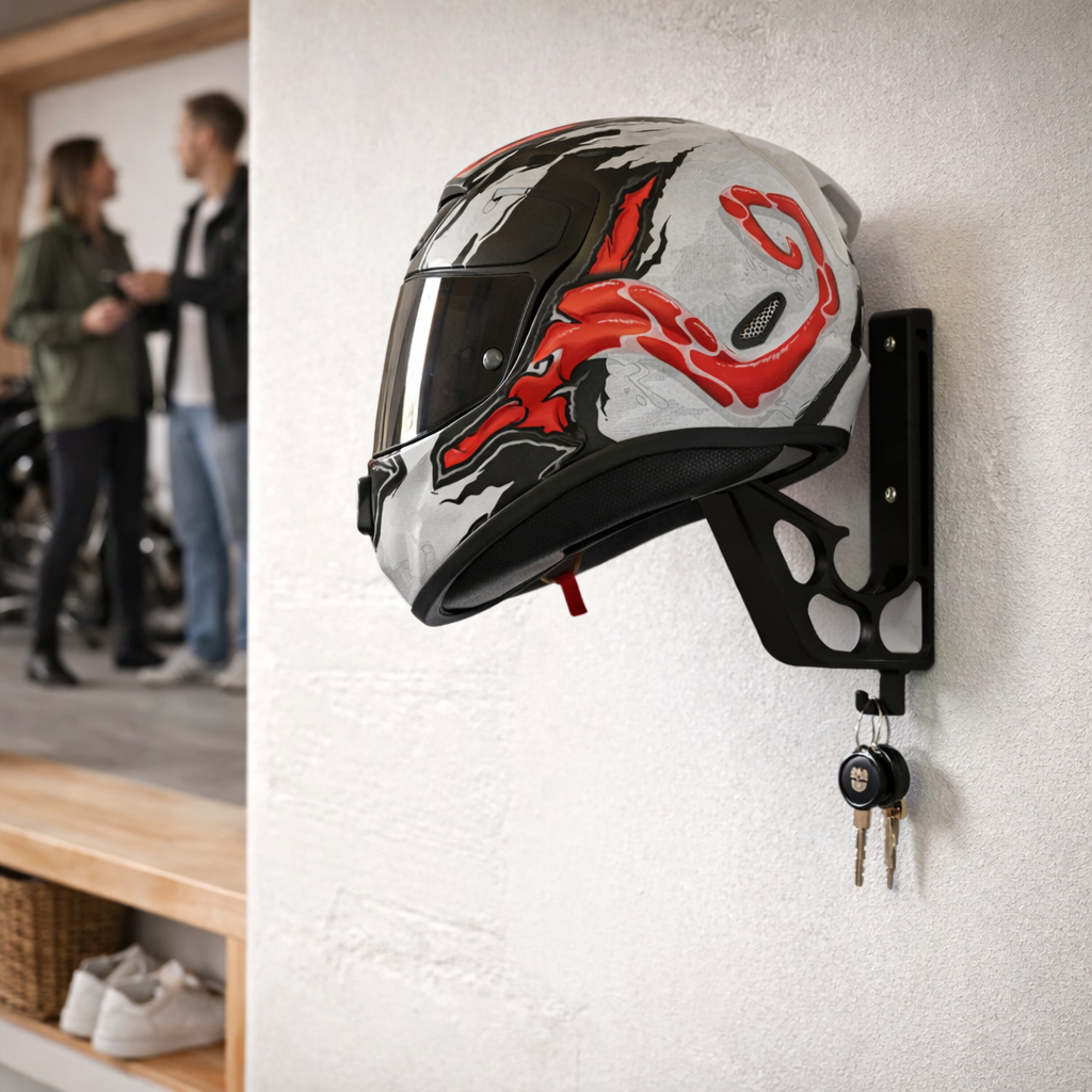 Suporte Capacete Moto Parede Com Porta Chaves Ganchos Organizador Reforçado Multiuso Acessórios