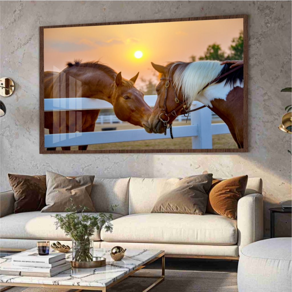 Quadro Moldura e Vidro Tamanho Grande Cavalos Marrom Branco Pôr Do Sol Decoração Sala Chácara Rancho