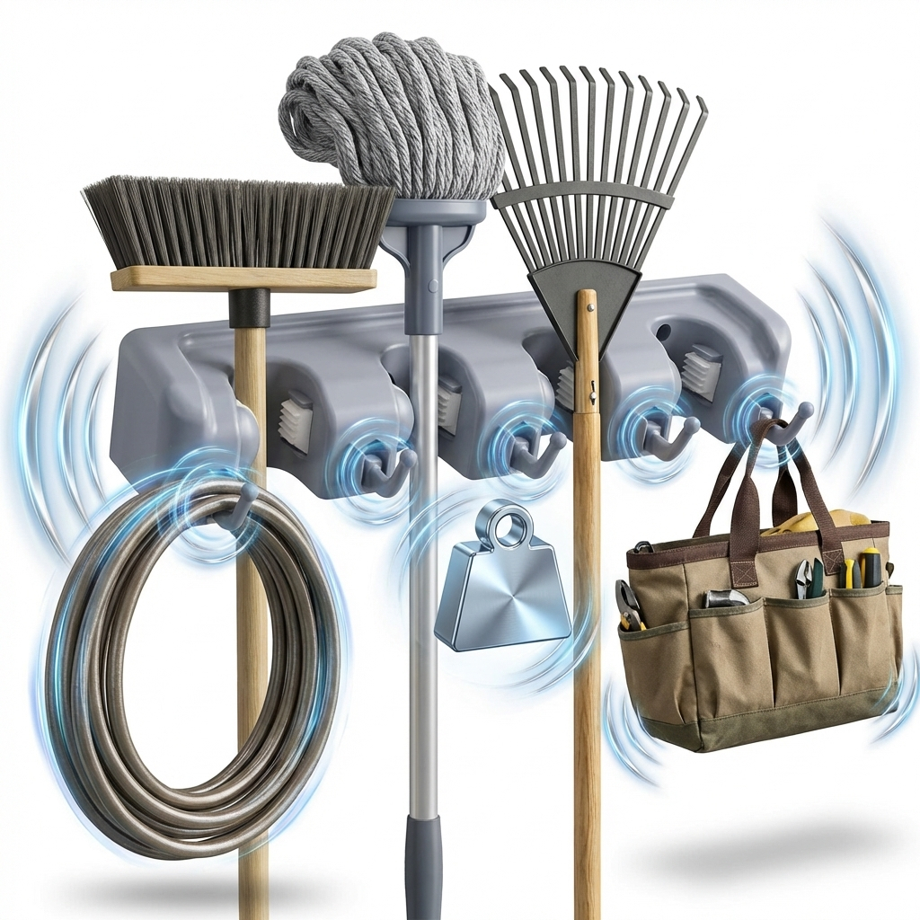 Suporte Organizador de Vassoura 2 em 1 Multiuso Parede Organizador Ferramentas 4 Suportes 5 Ganchos em Oferta na Shopee