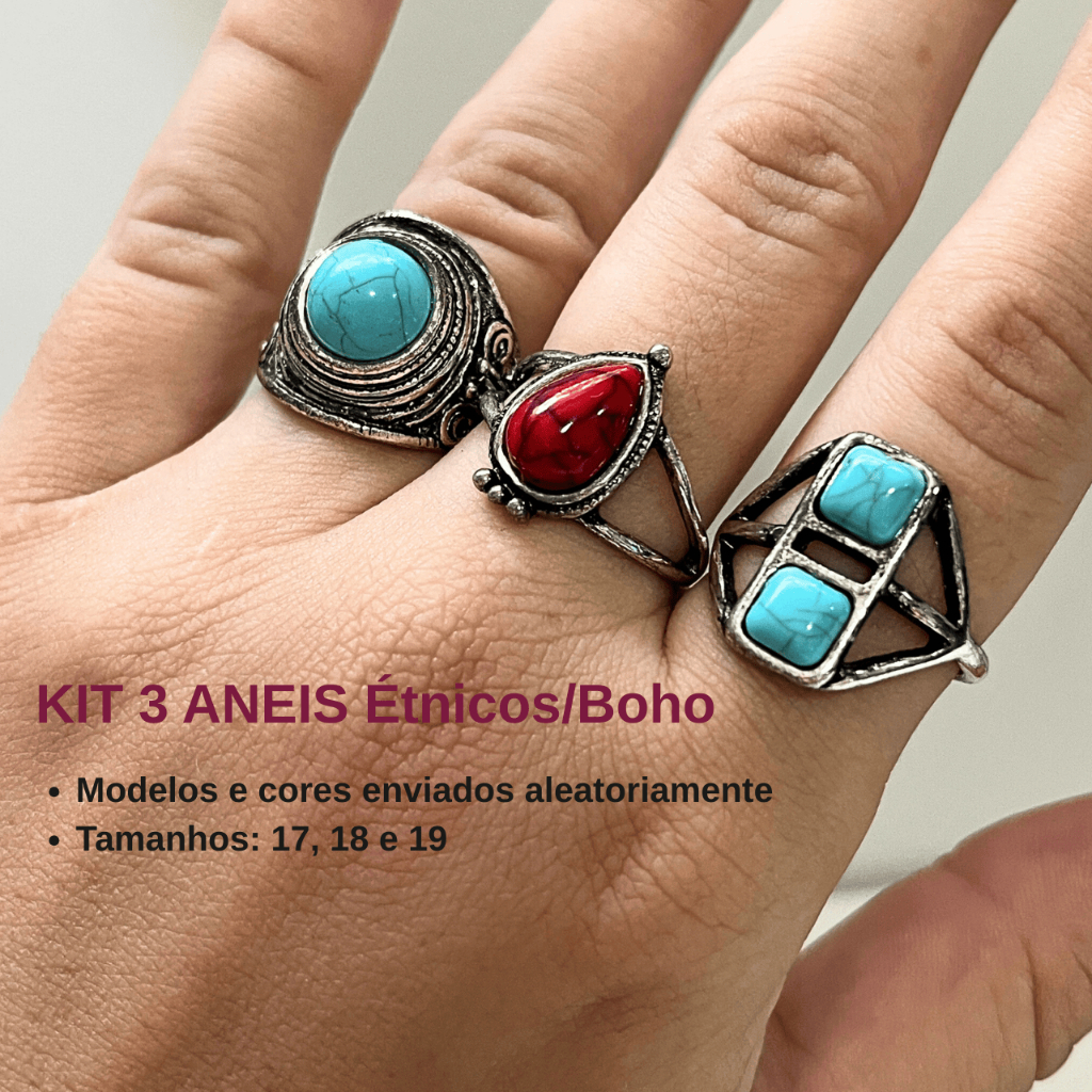 Kit Anéis Femininos com Pedra Hippie Boho Mix de Anéis Bijuteria Kit 3 Anéis Variados