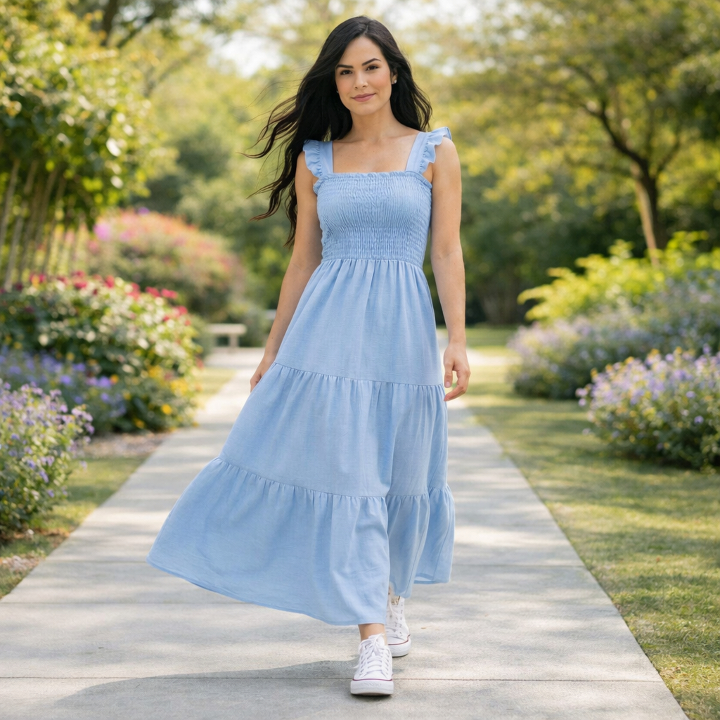 Vestido Longo Feminino Três Marias Lastex Luxo Elegante Estilo Casual Moda Evangélica Tecido Duna