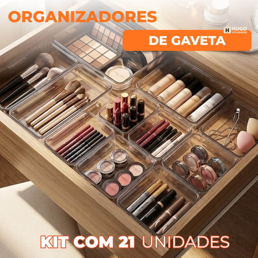 Kit 21 Organizador Modular Multiuso Acrílico Cristal Cesto Gaveta Maquiagem Geladeira