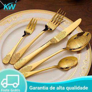 Conjunto de Talheres Dourado 24 Peças Luxo Aço Inox Premium Desenhado  Mesa Posta para Jantar, Festas e Casamentos