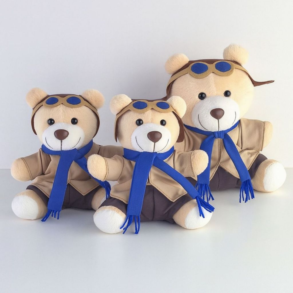 Kit 3 Ursos de Pelúcia Aviador com Óculos e Cachecol Presente Infantil Decoração Luxo Fofo