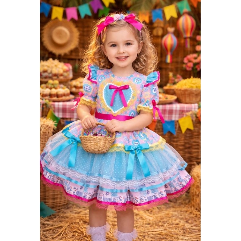 Vestido Junino Infantil Luxo Colorido Azul e Rosa com Tule, Laços e Renda – Roupa Caipira Festa Junina Arraiá Menina