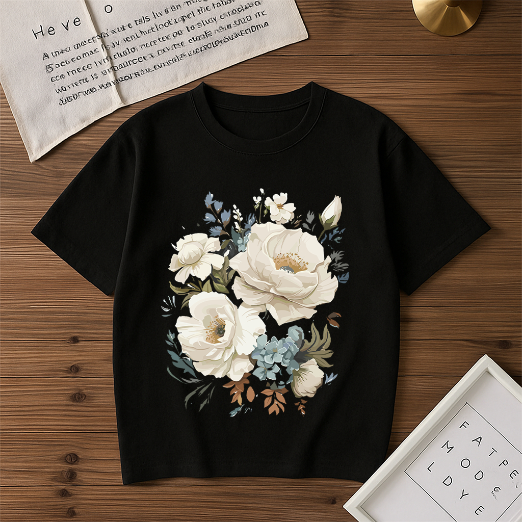 Camiseta Básica Feminina Flores Brancas Tropical Confortável Blusa 100% Algodão Lançamento