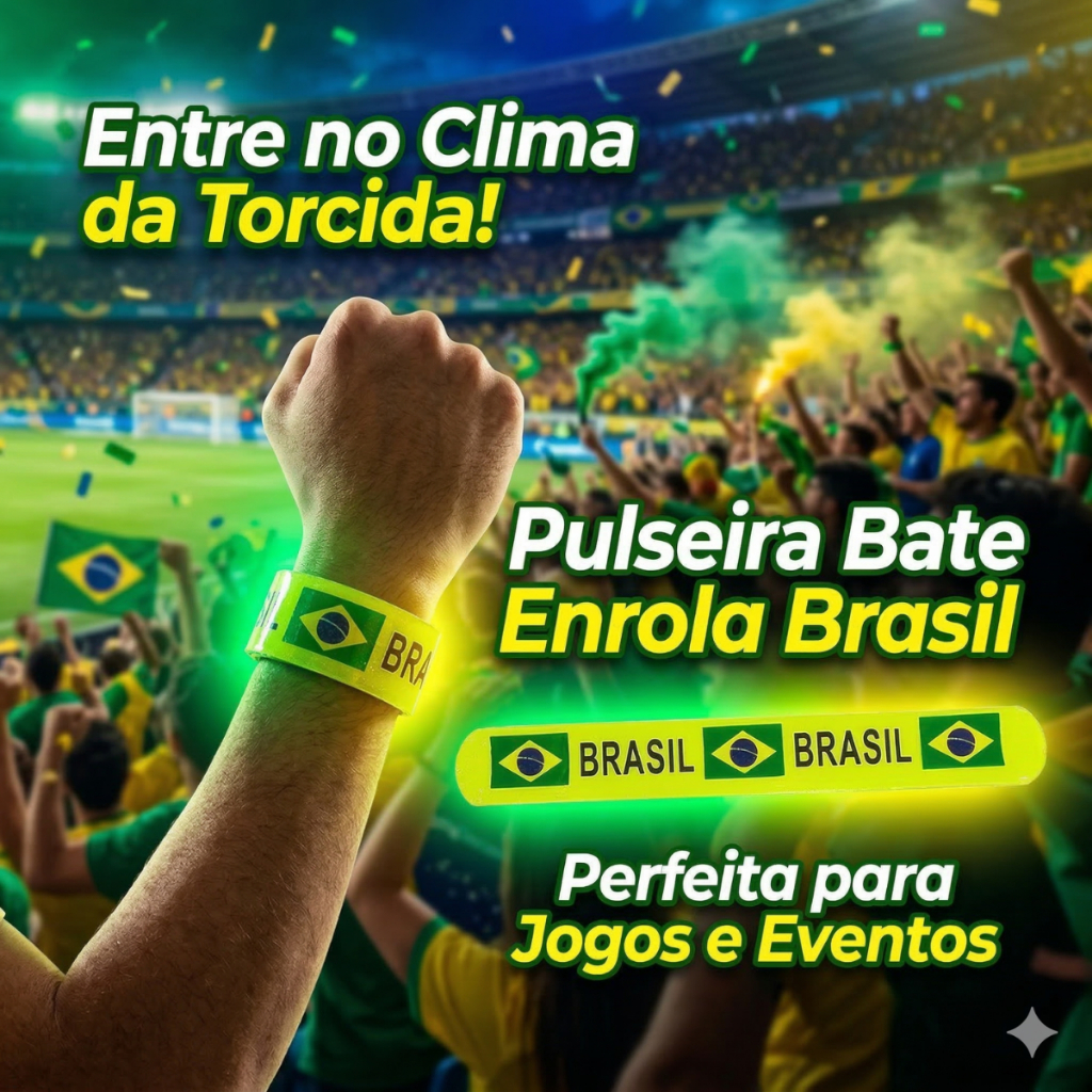 Pulseira Bate Enrola Brasil Verde e Amarela Kit com 2, 6 e 10 Unidades, Torcida seleção brasileira Copa do mundo Eventos