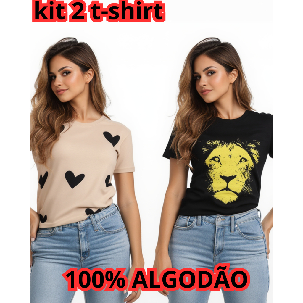 Kit 2 Blusas Femininas Casual 100% Algodão Confortável Estilosa Versátil Manga Curta Oferta