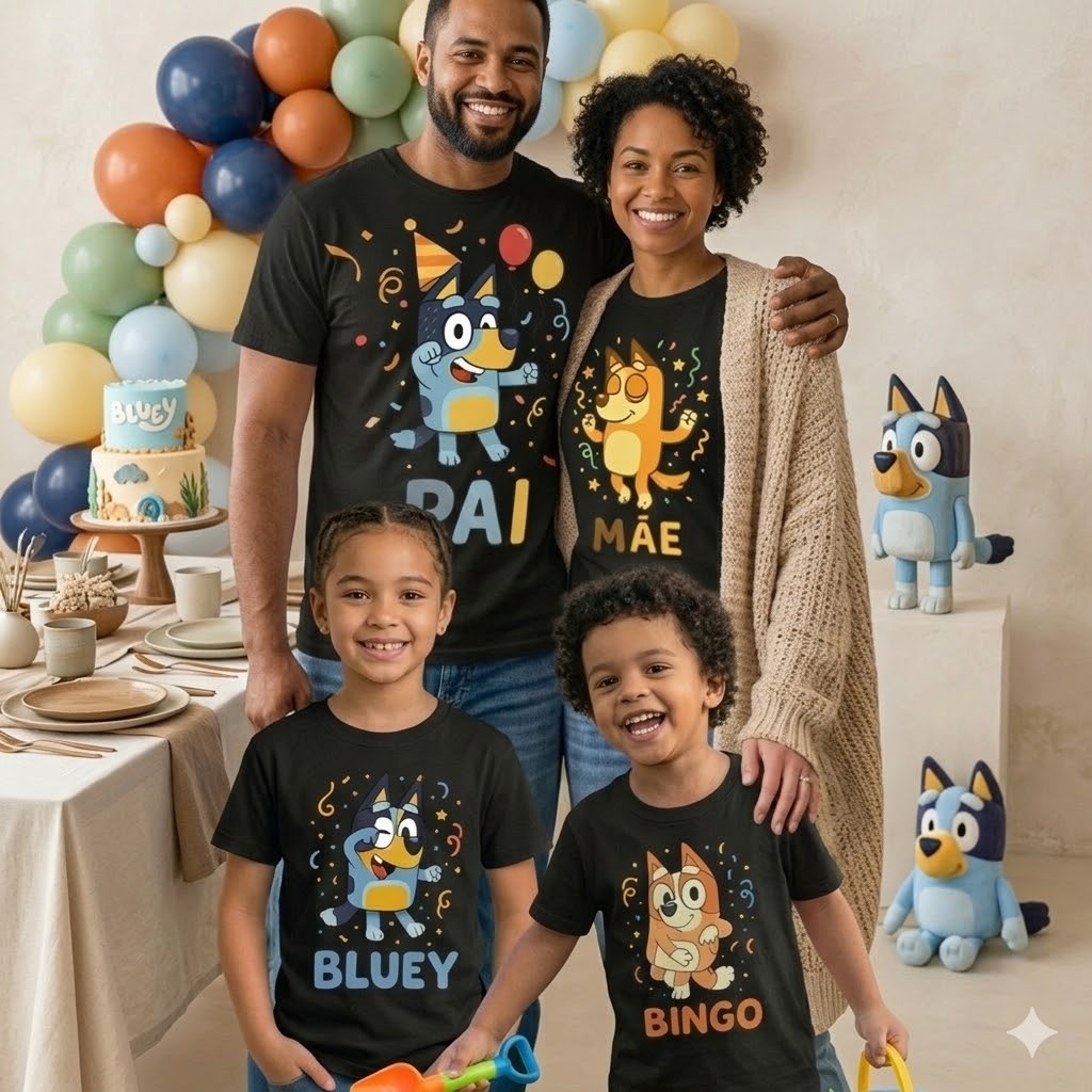 Kit Camiseta Família Bluey e Bingo Algodão Premium - Kit Pai, Mãe e Filhos Aniversário e Festas