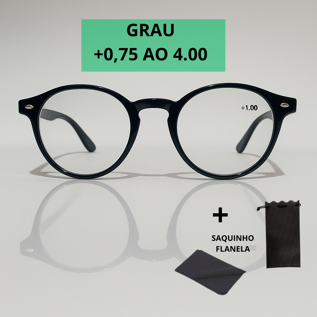 Óculos de Grau Perto Unissex Redondo  + Saquinho e Flanela