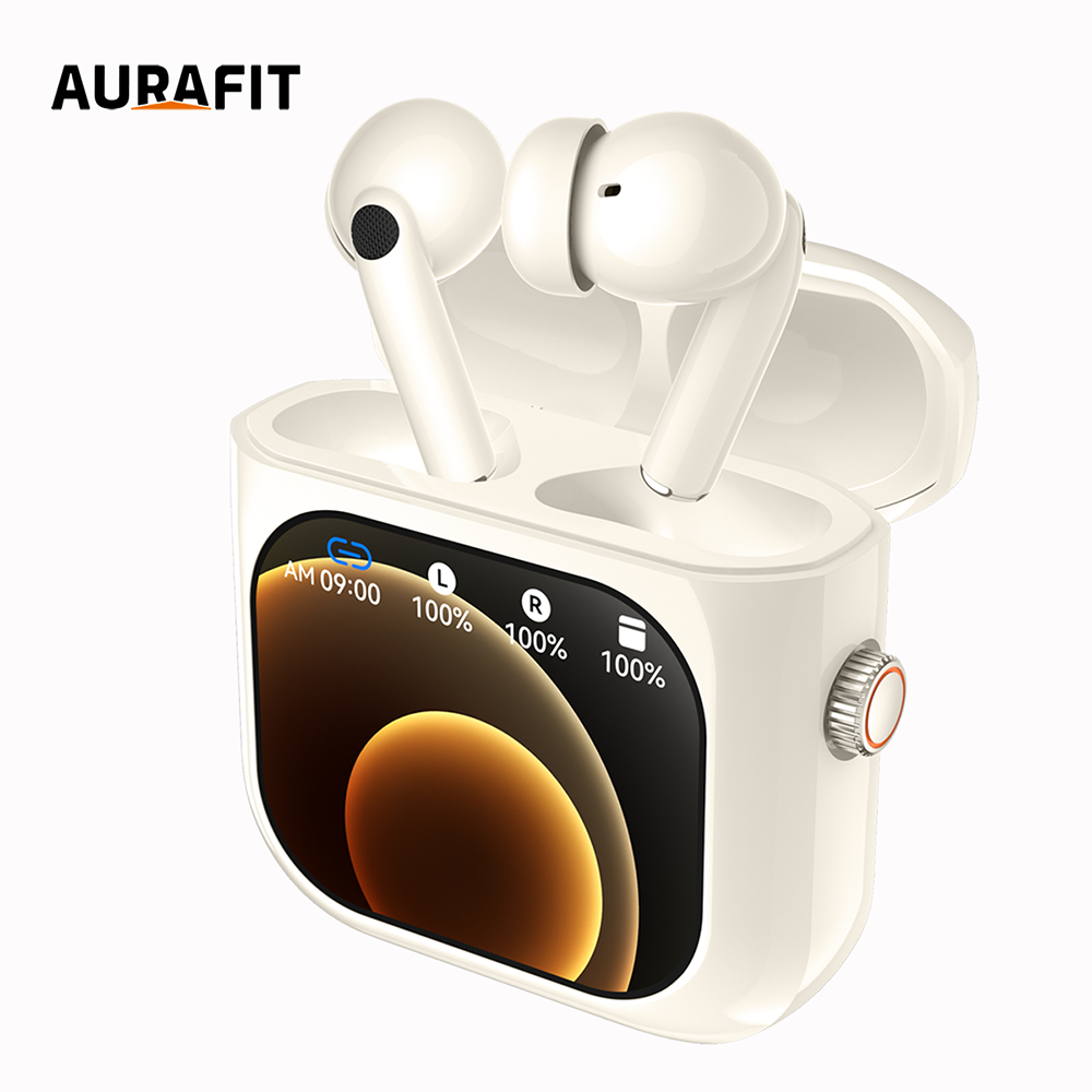 Auriculares sem fio Aura X6 brancos com tela TFT interativa exibindo 100% de bateria e 36H de autonomia, dentro de sua caixa de carregamento.