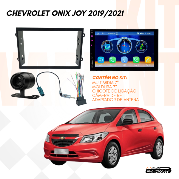 Kit Multimídia 7” MP5 Espelhamento + Câmera de Ré + Moldura Onix Joy 19/21 + Chicote + Adap Antena