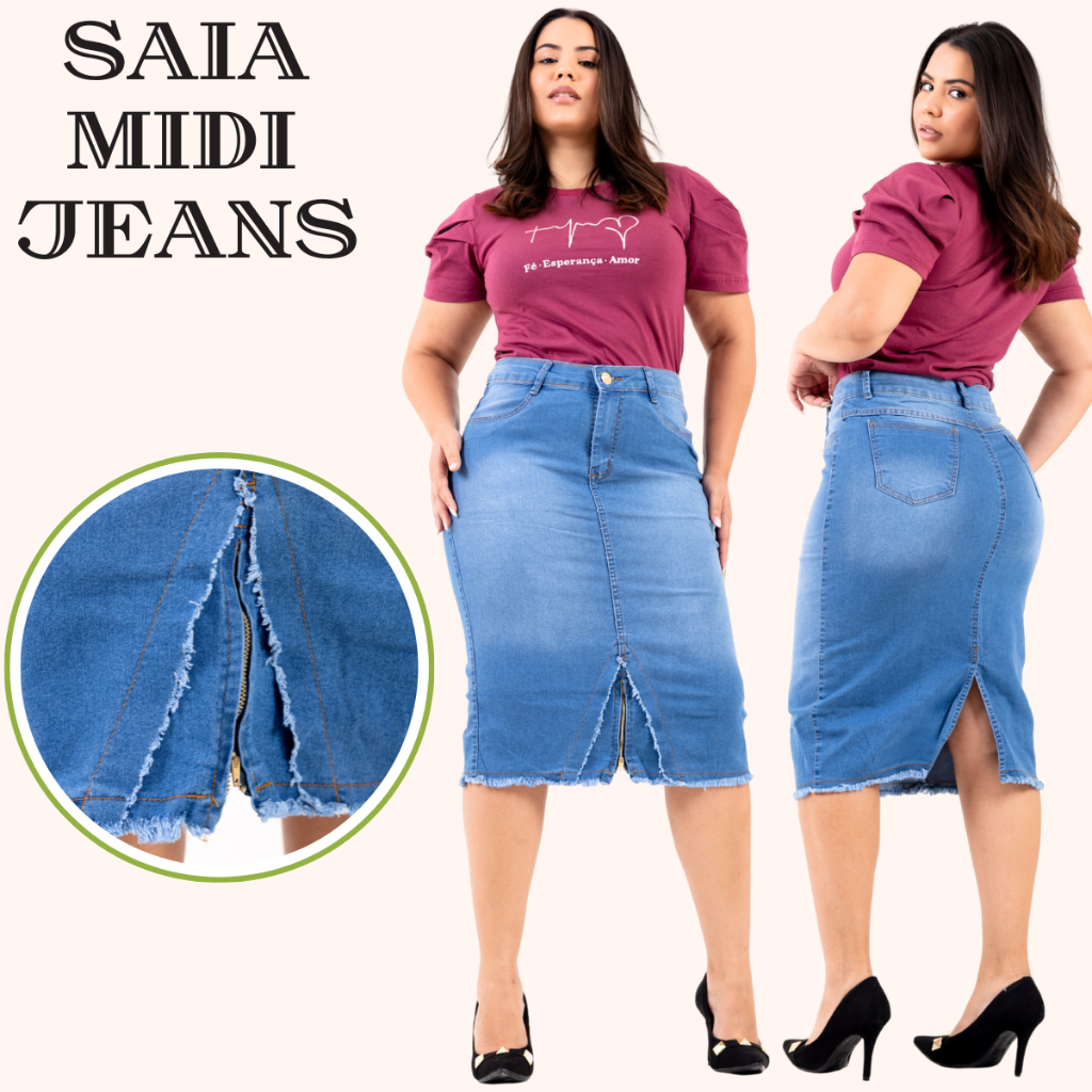Saia jeans midi evangélica -HJ Moda Evangélica Na Cor Cristal