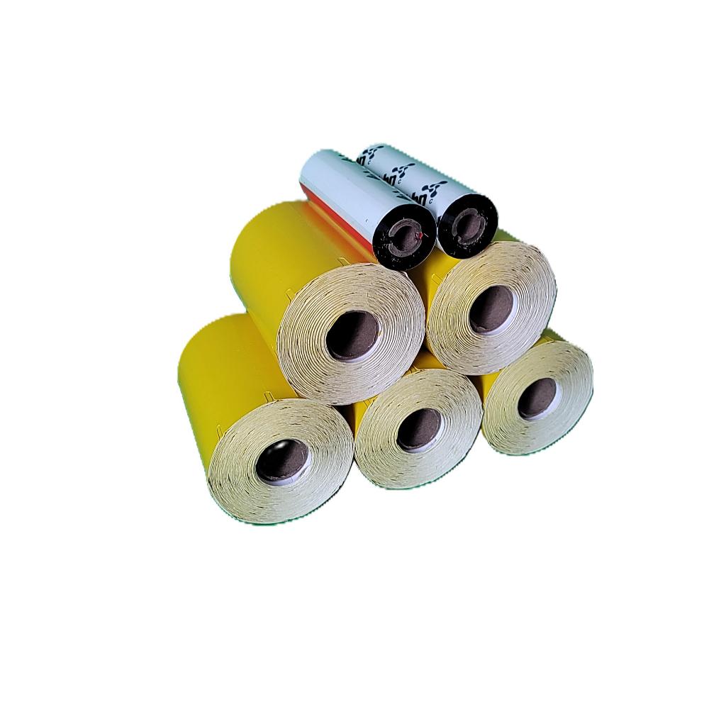 5 Rolos Etiquetas de Gôndola Amarela 10,5x3cm Serrilha + 2 Ribbons 110mm x 74m