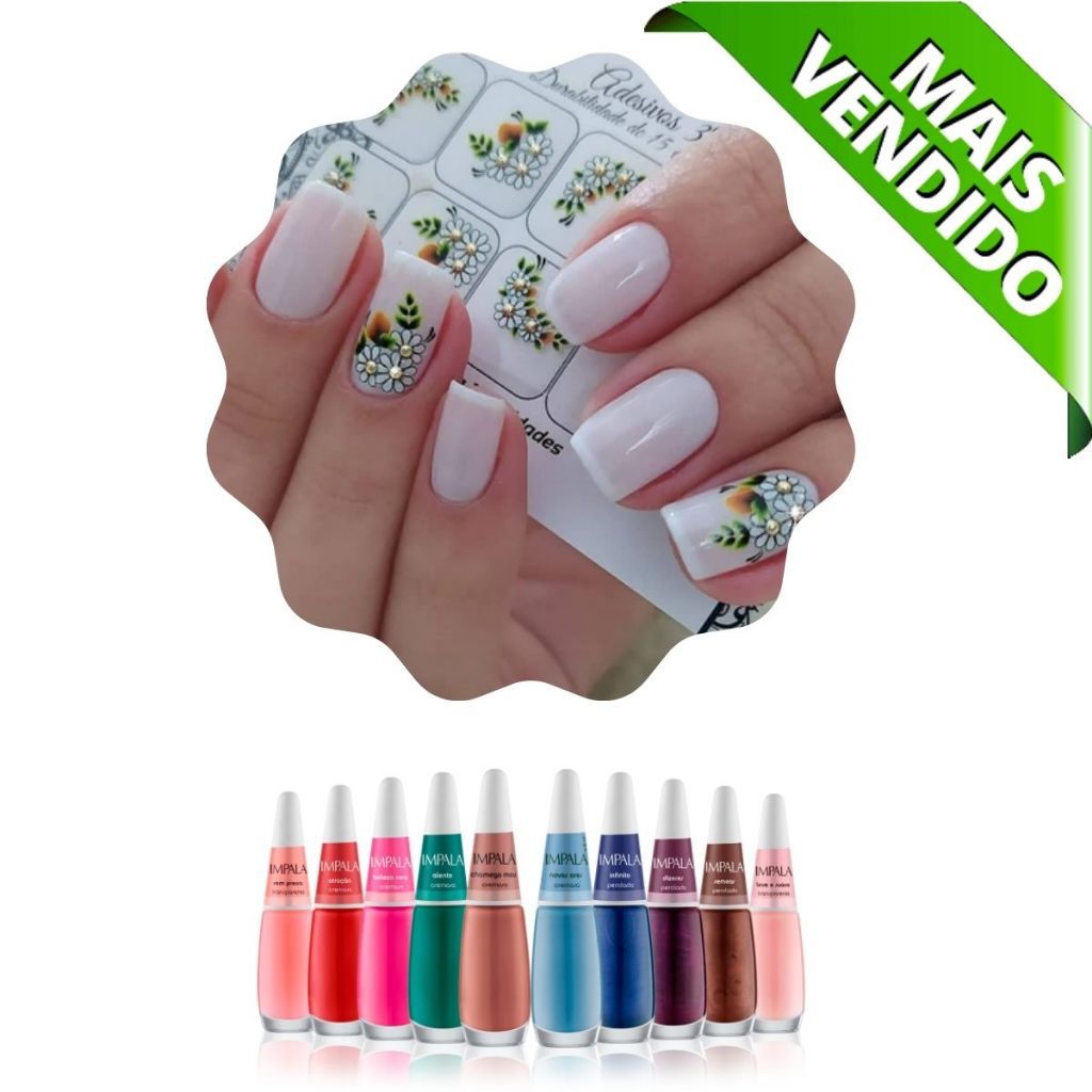Alemay Nail Art Kit 100 Adesivo de Unha + 1 Esmalte Achadinho Bella 3D Para Mãos e Pés Conceito