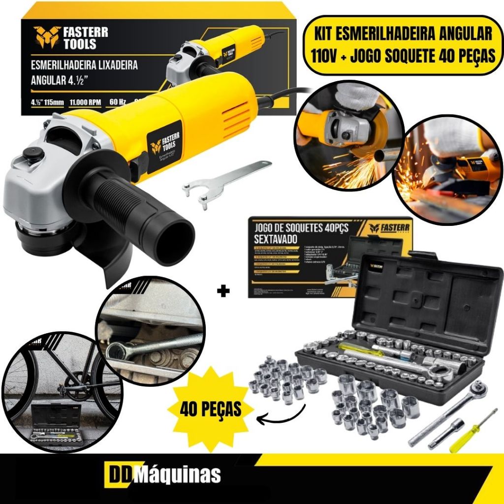 Kit Esmerilhadeira Angular Profissional 110V 820W FST043 + Jogo De Soquete 40 Peças FST003 - Fasterr em Oferta na Shopee