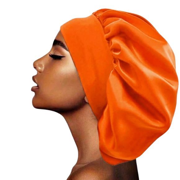 Touca de Cetim Laranja Faixa Coz Larga Dupla Proteção  Anti Frizz para Dormir Cozinhar Capacete  Proteção dos Cabelos